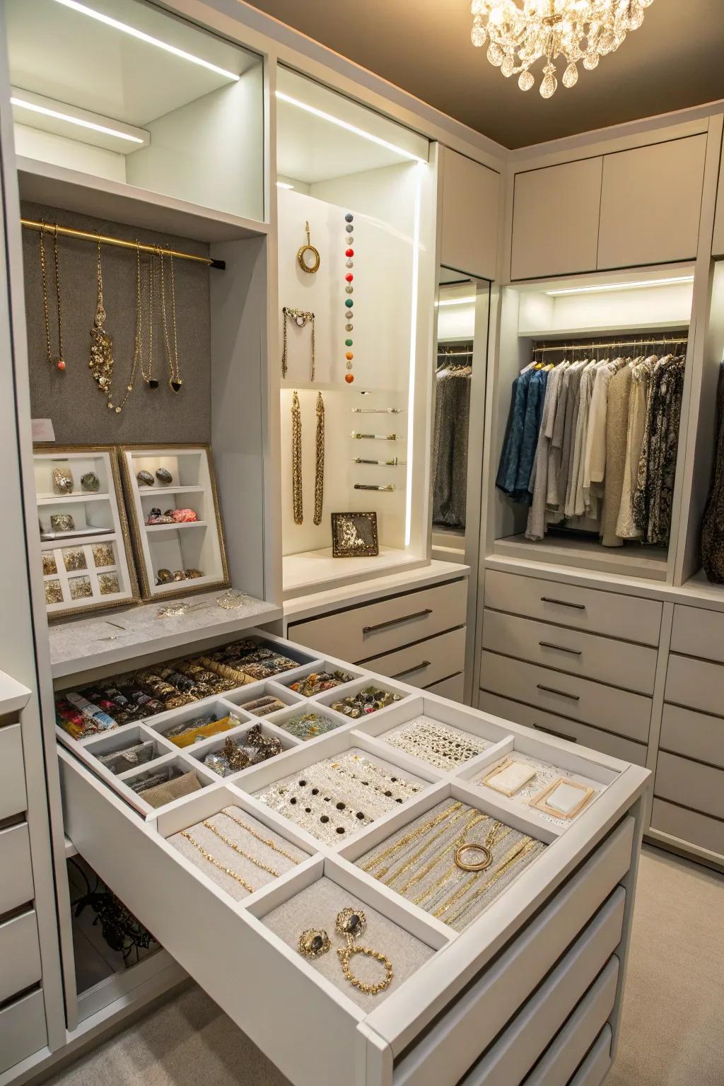 A jewelry station keeps accessories organized and easily accessible.