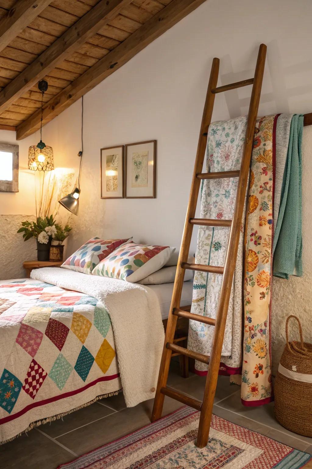 A ladder quilt display adds color and texture to the bedroom.