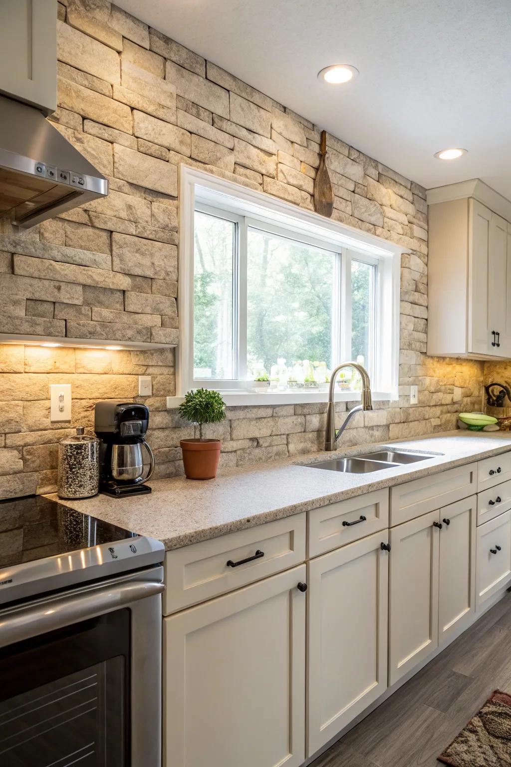 Natural rock-look composite adds elegance to your cooking area.