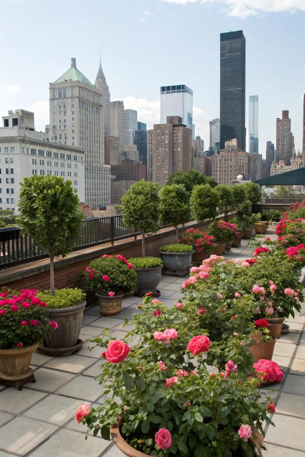 Potted knockout roses transform rooftops into retreats.