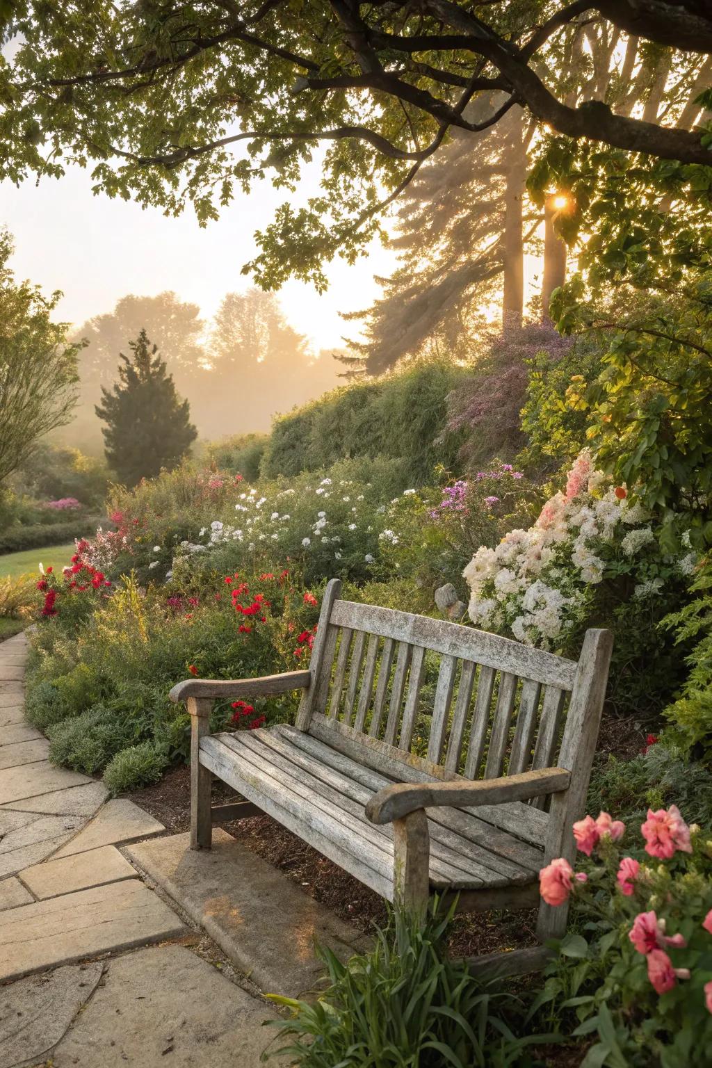 Timber seating encourages relaxation in the garden.