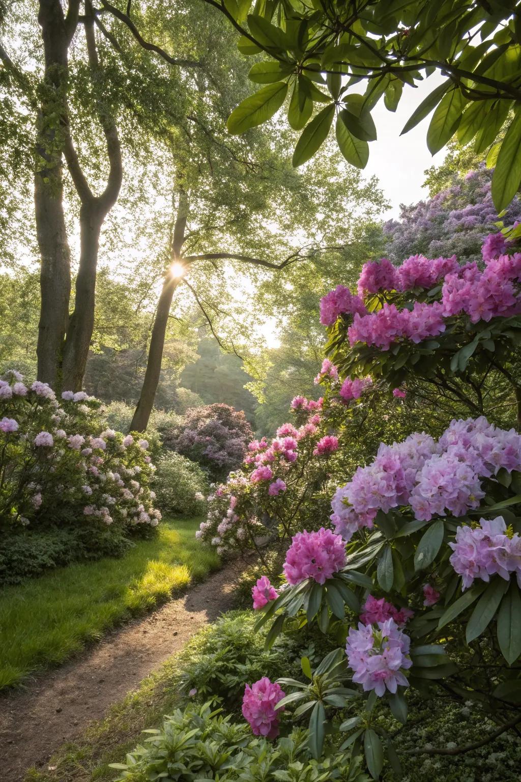 Rhododendrons imparting color to a serene dimly lit garden.
