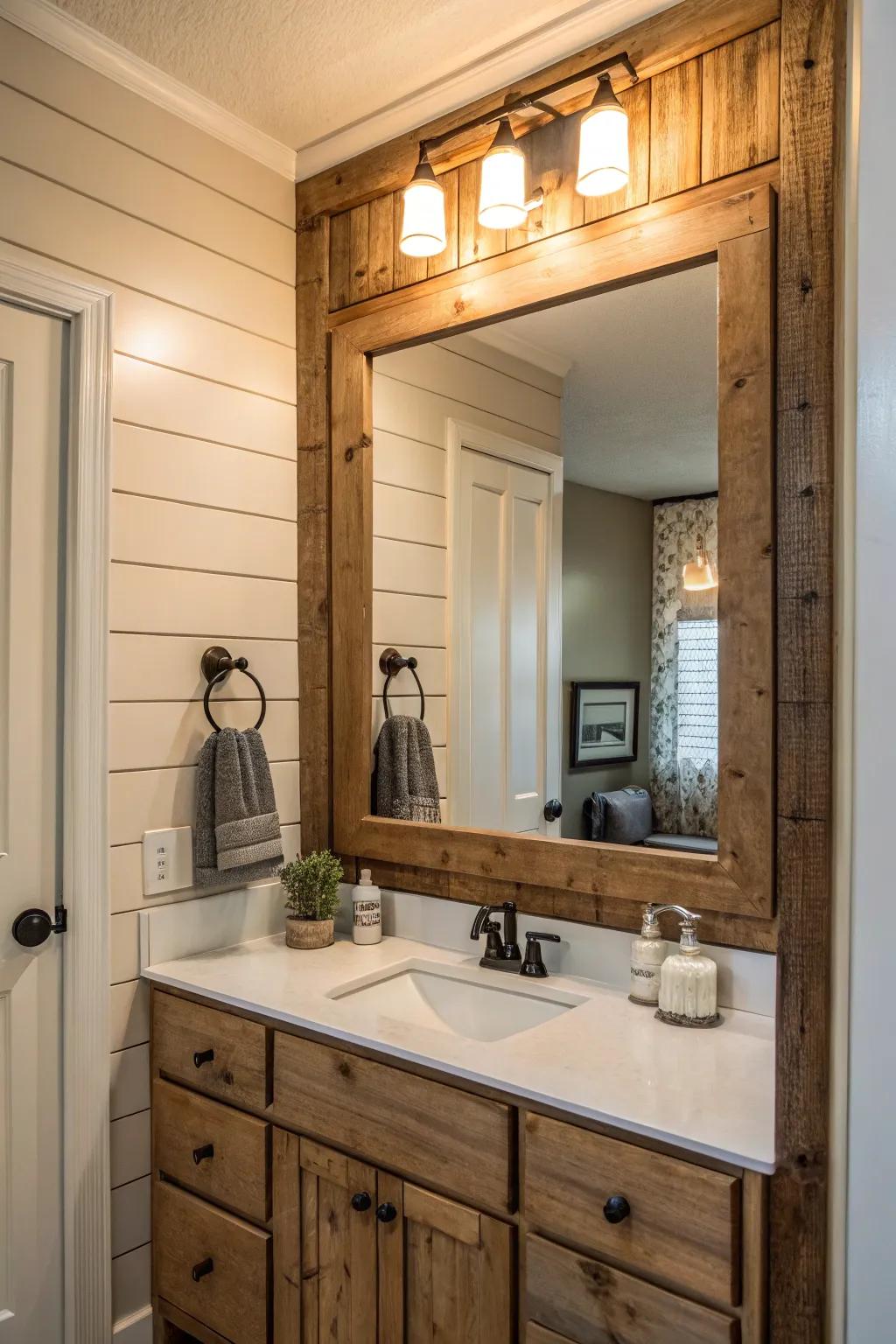 Cottagecore panels imbue warmth and rural charm into bathroom mirrors.