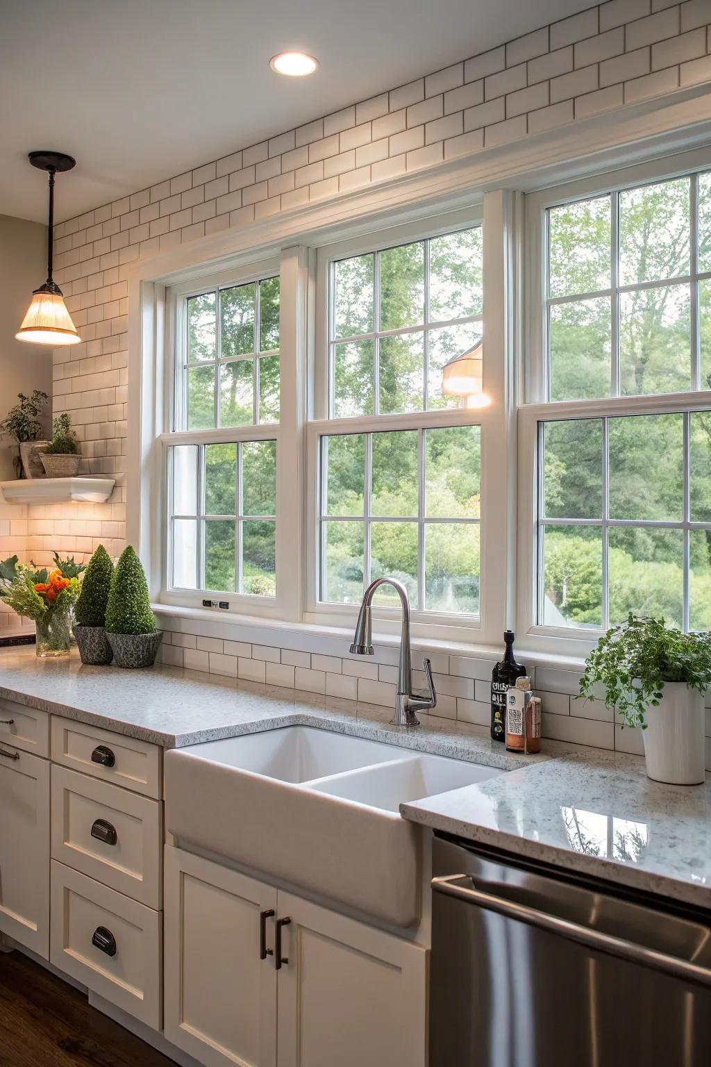 Inventive backsplash with windows as backsplashes.