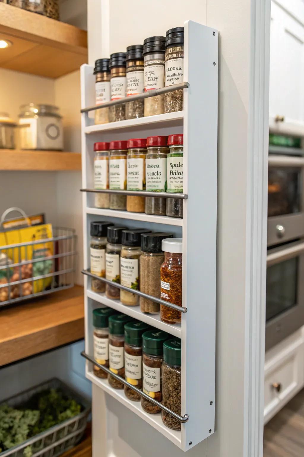 A spice rack that is vertical keeps all your spices within easy reach.