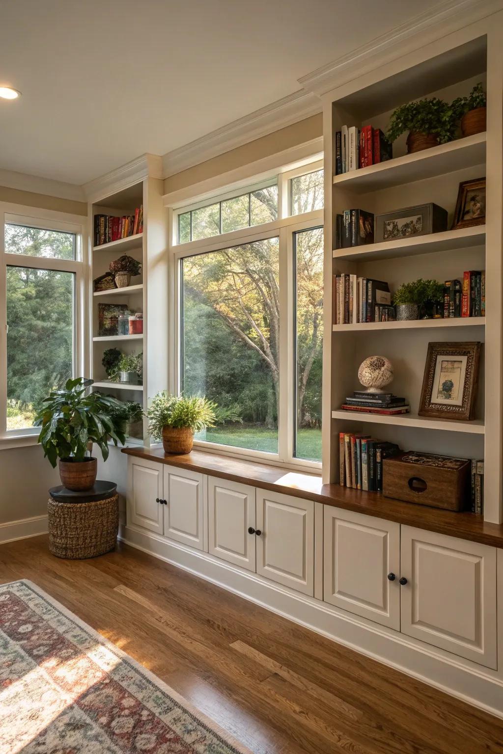Built-in shelves all around a picture window offering safe-keeping and style.