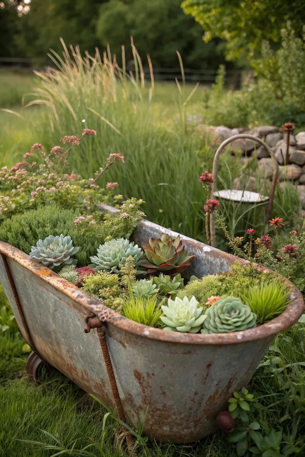 An antique metal tub repurposed into a succulent planter.