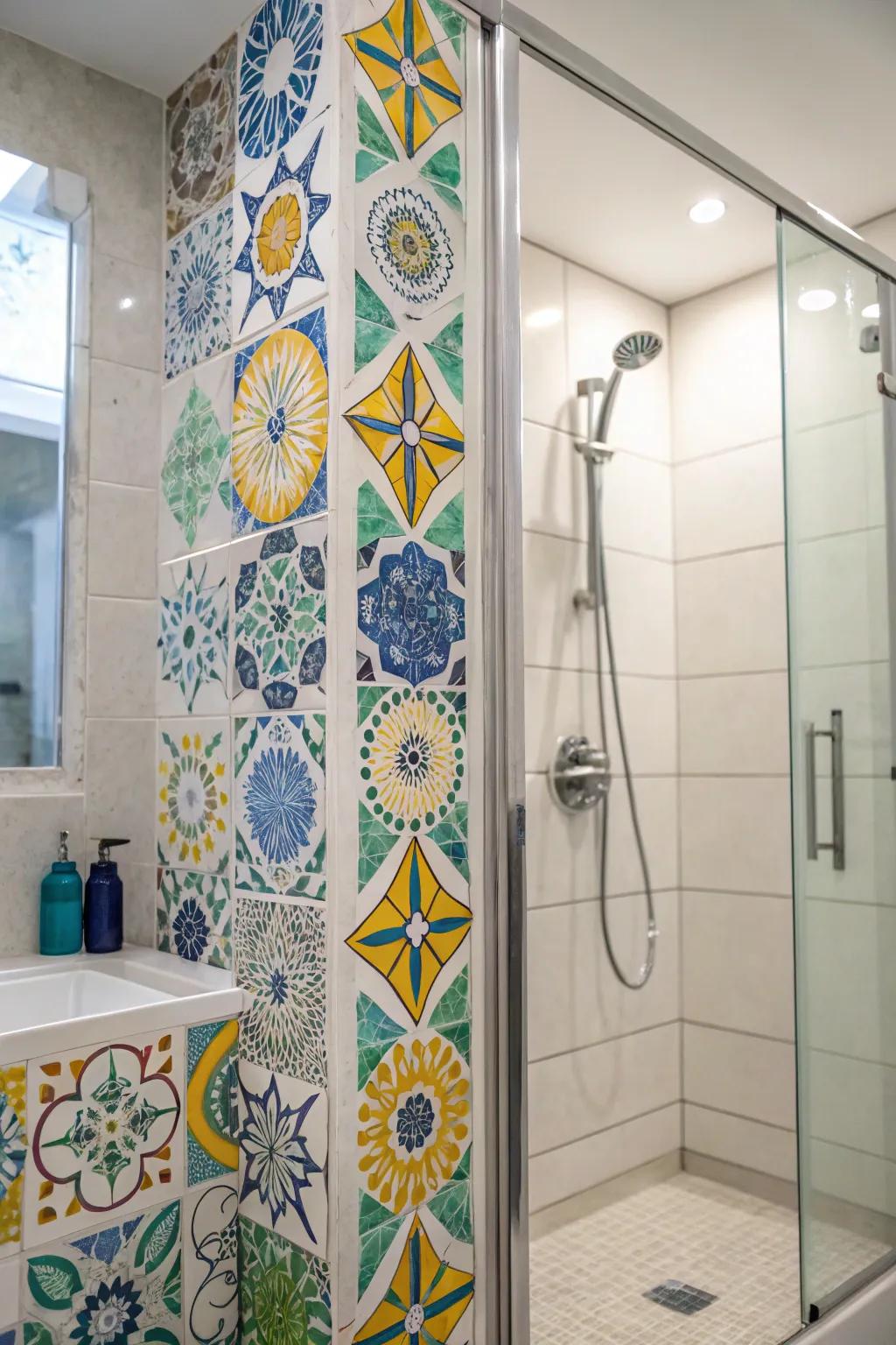 Mosaic coverings contribute color and personality to showers featuring large coverings.
