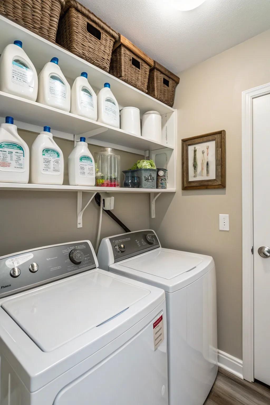 Wall-mounted dispensers maximize space in compact laundry rooms.