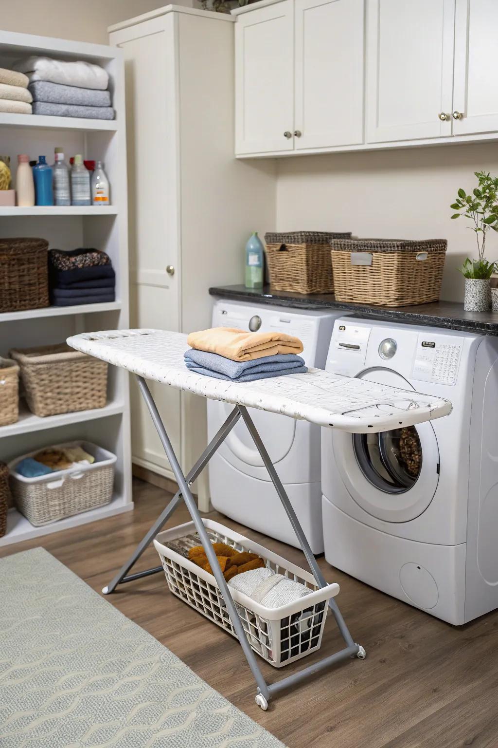 A table with an ironing board combines convenience.