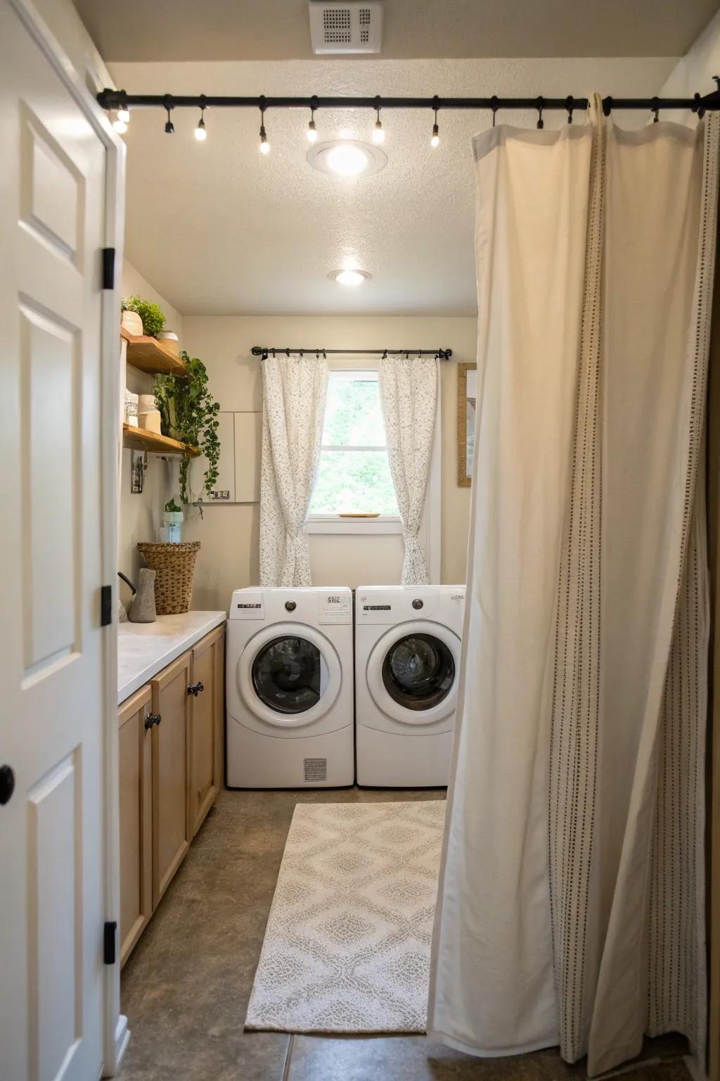 Tie-top curtains offer a simple and inviting touch to your laundry space.