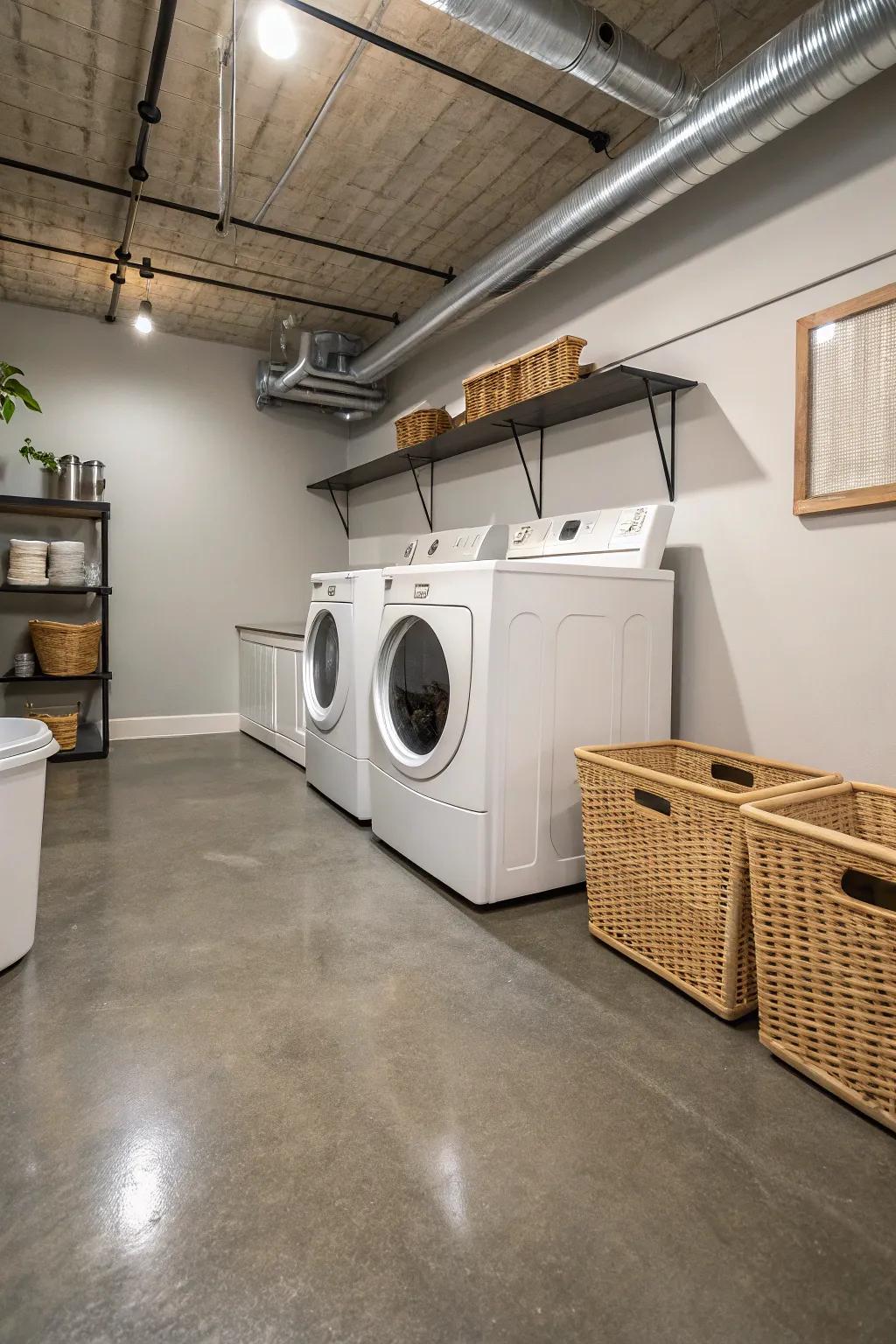 Concrete floors bring a modern industrial feel to the laundry space.