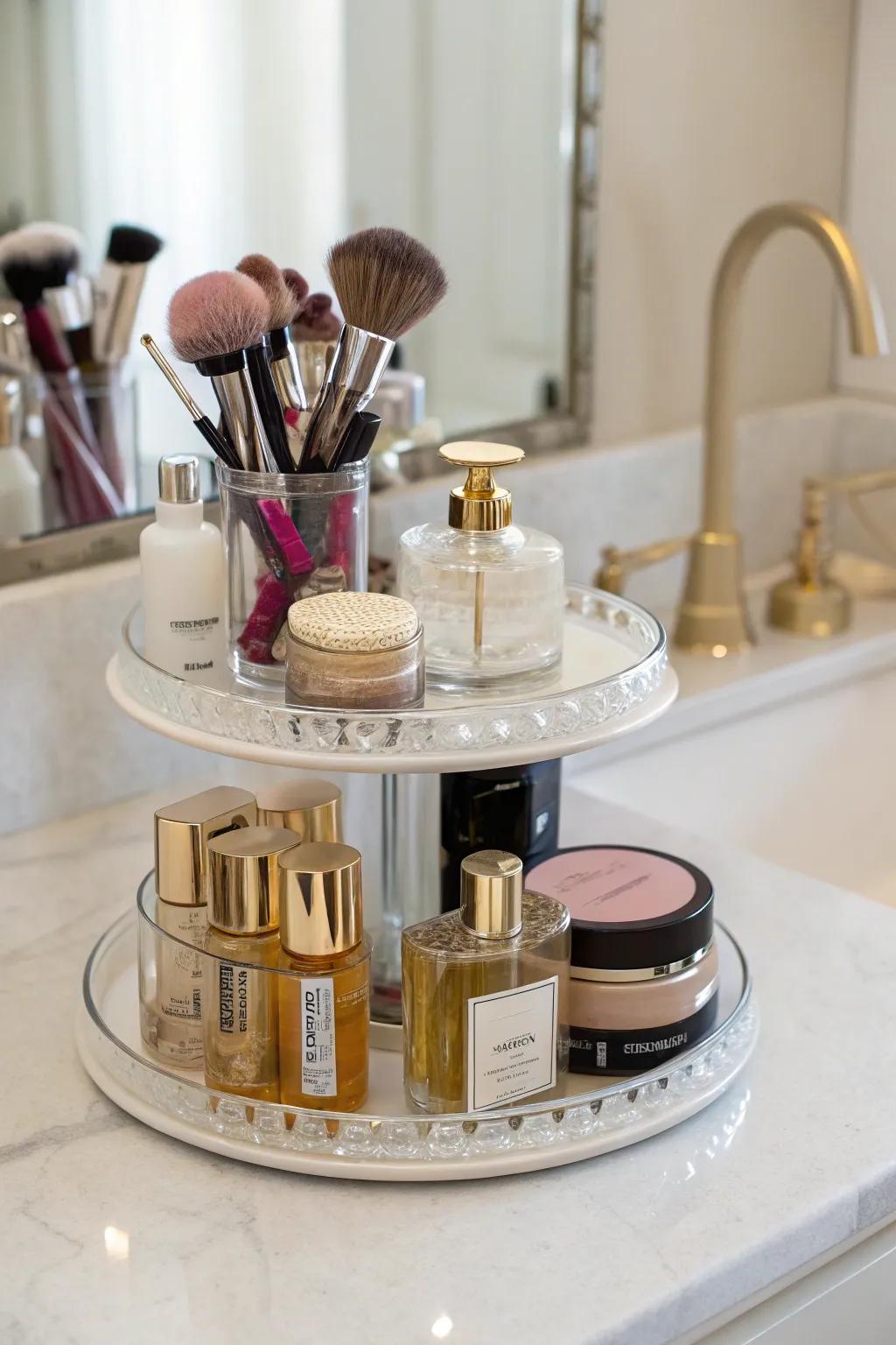 A dressing table transformed with an organized rotating tray.