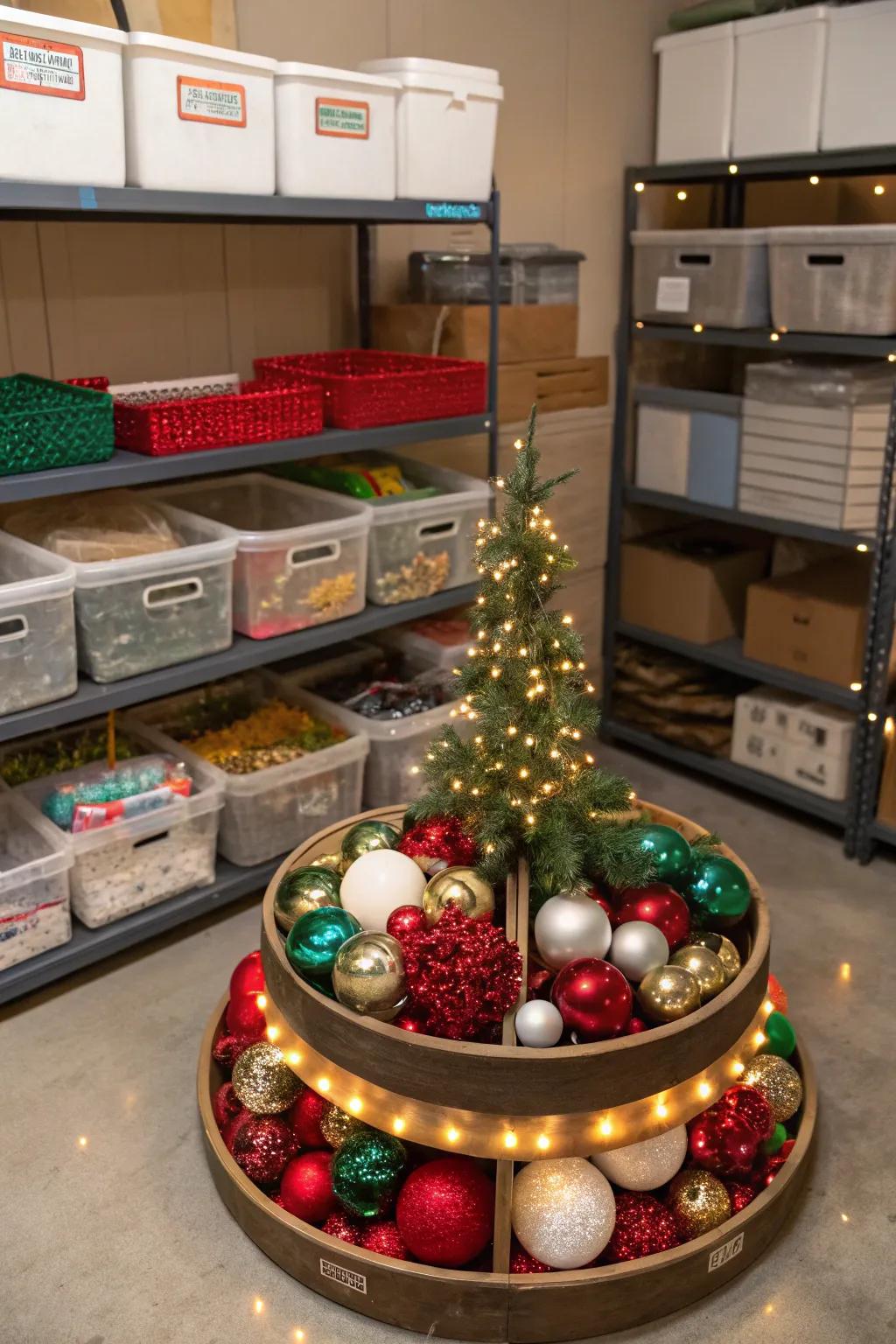 Effortlessly organize holiday decor with a turntable organizer.