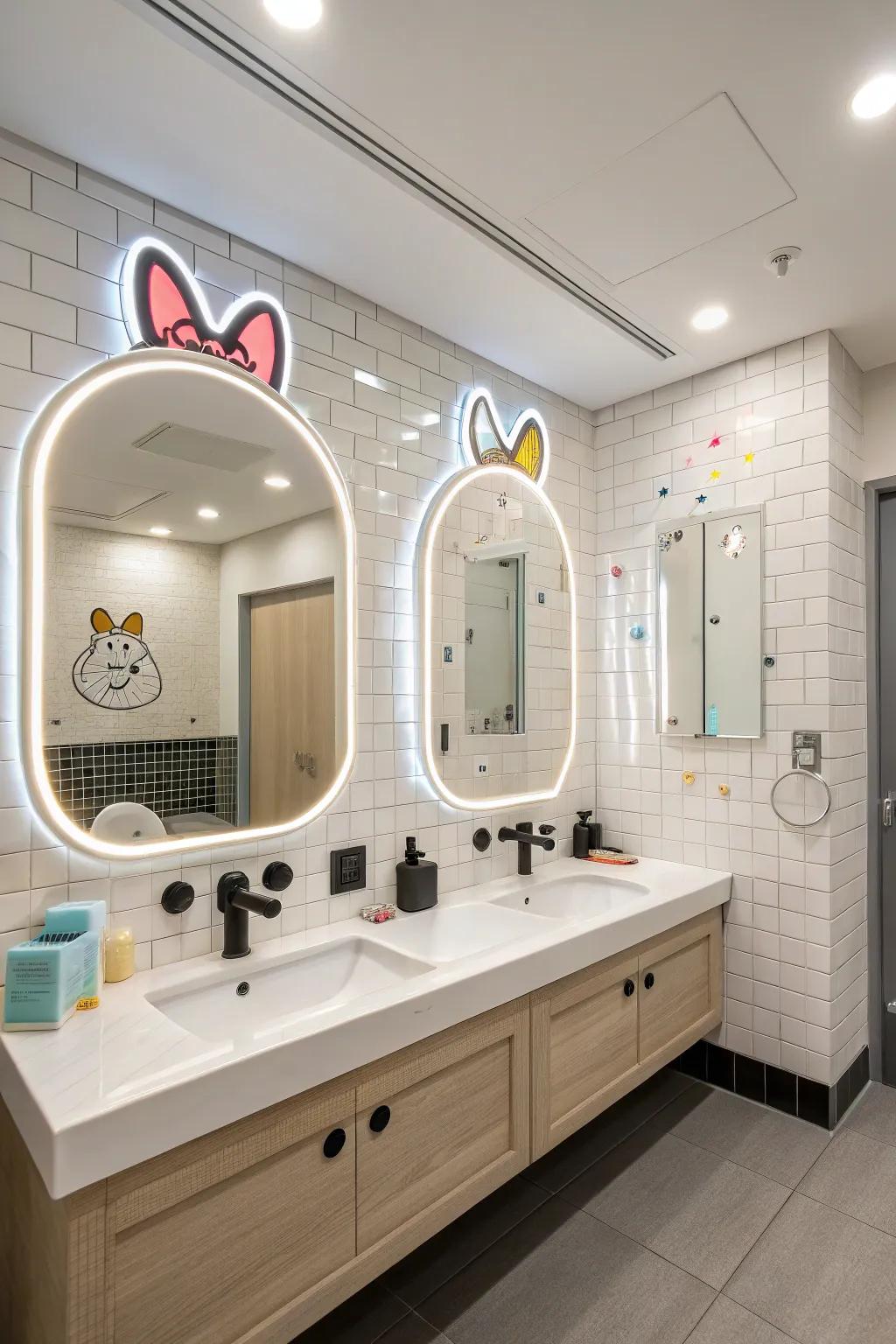 A playful lavatory design featuring bespoke-shaped light-emitting diode reflective surfaces.