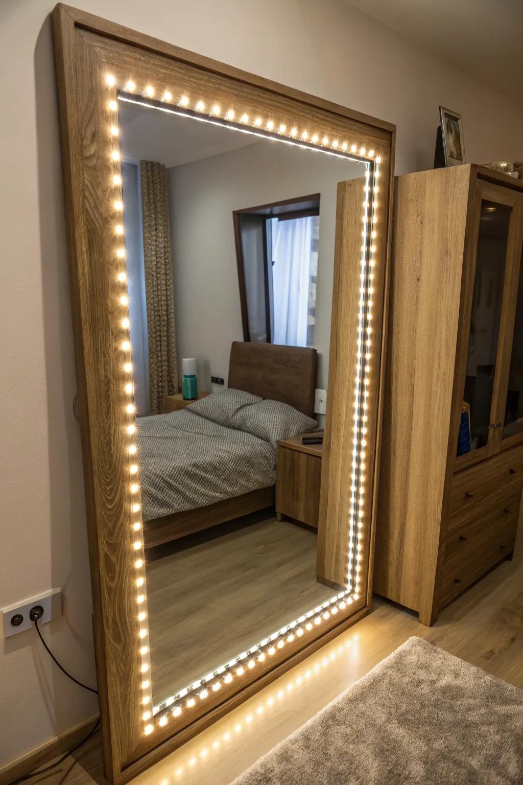 A mirror enhanced with luminous diodes bars for a glamorous touch.