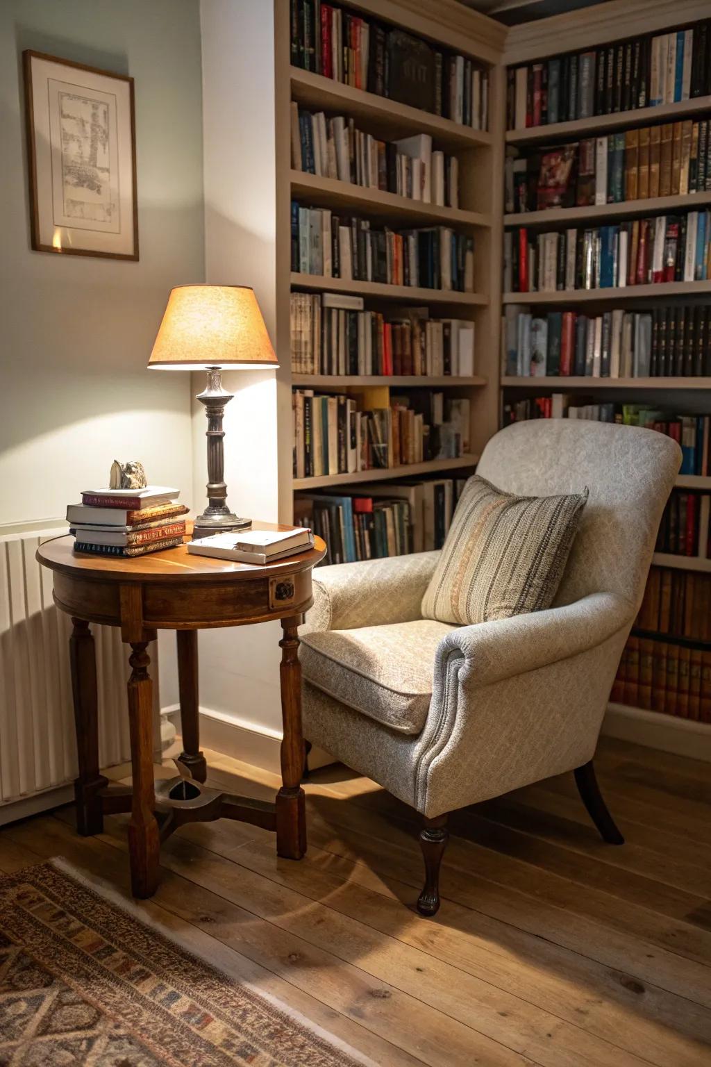 A comfortable side table that enhances your reading nook.