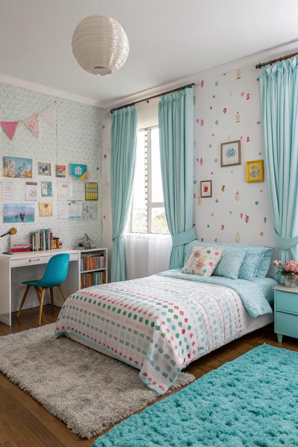 A bedroom featuring playful patterns with light blue accents for a lively atmosphere.