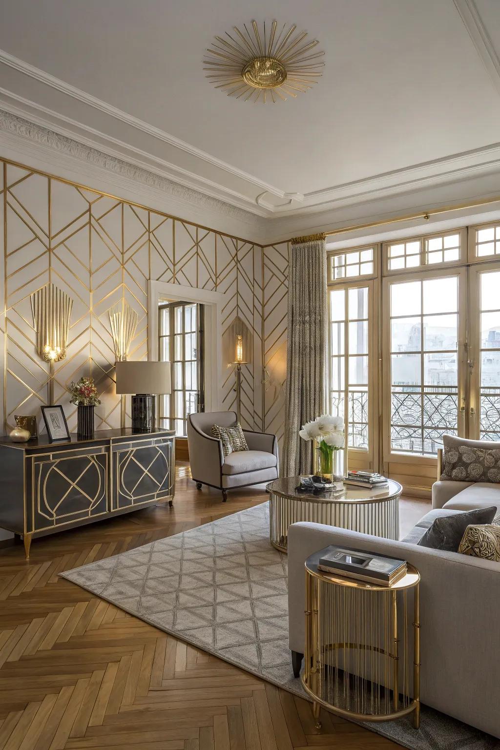 An Art Deco-inspired living room where light wood floors balance the luxurious elements.