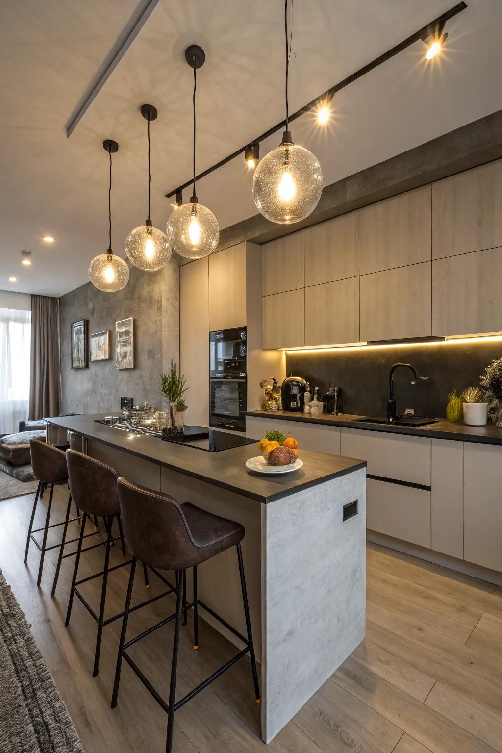Sphere lights contribute a modern and playful element to cooking area decor.