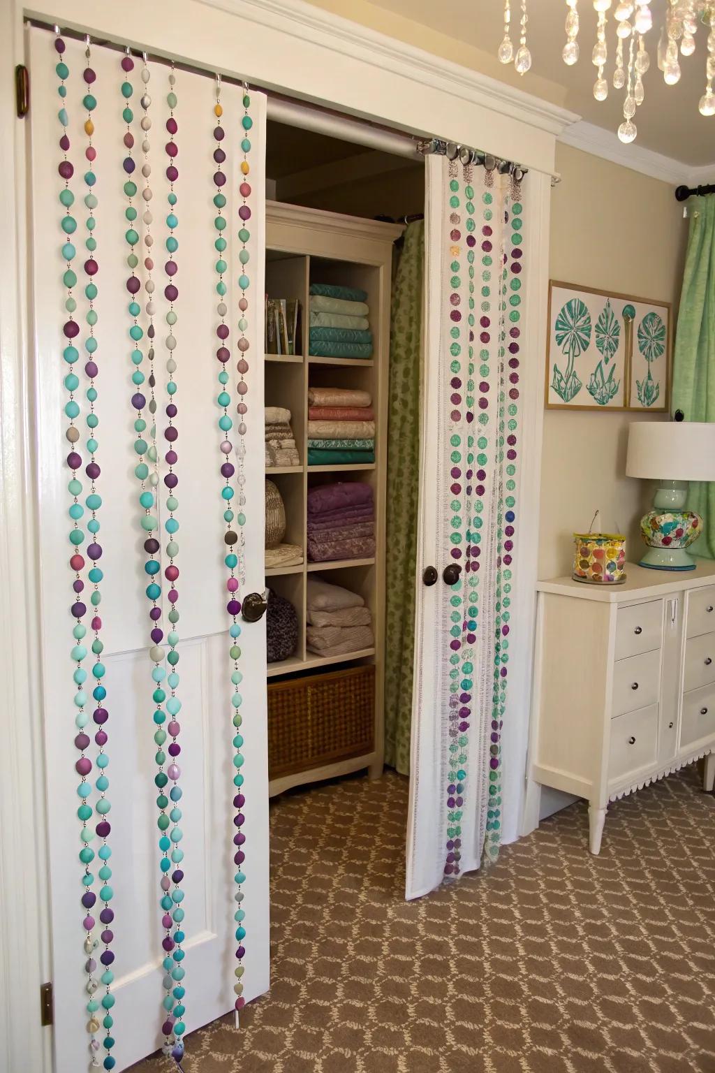 Fringed blinds provide a whimsical and retro touch to a linen closet.