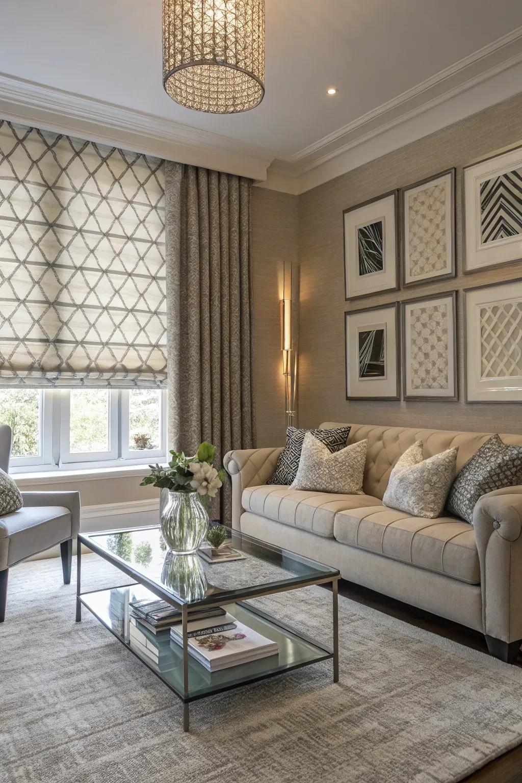 Textured blinds add depth and style.