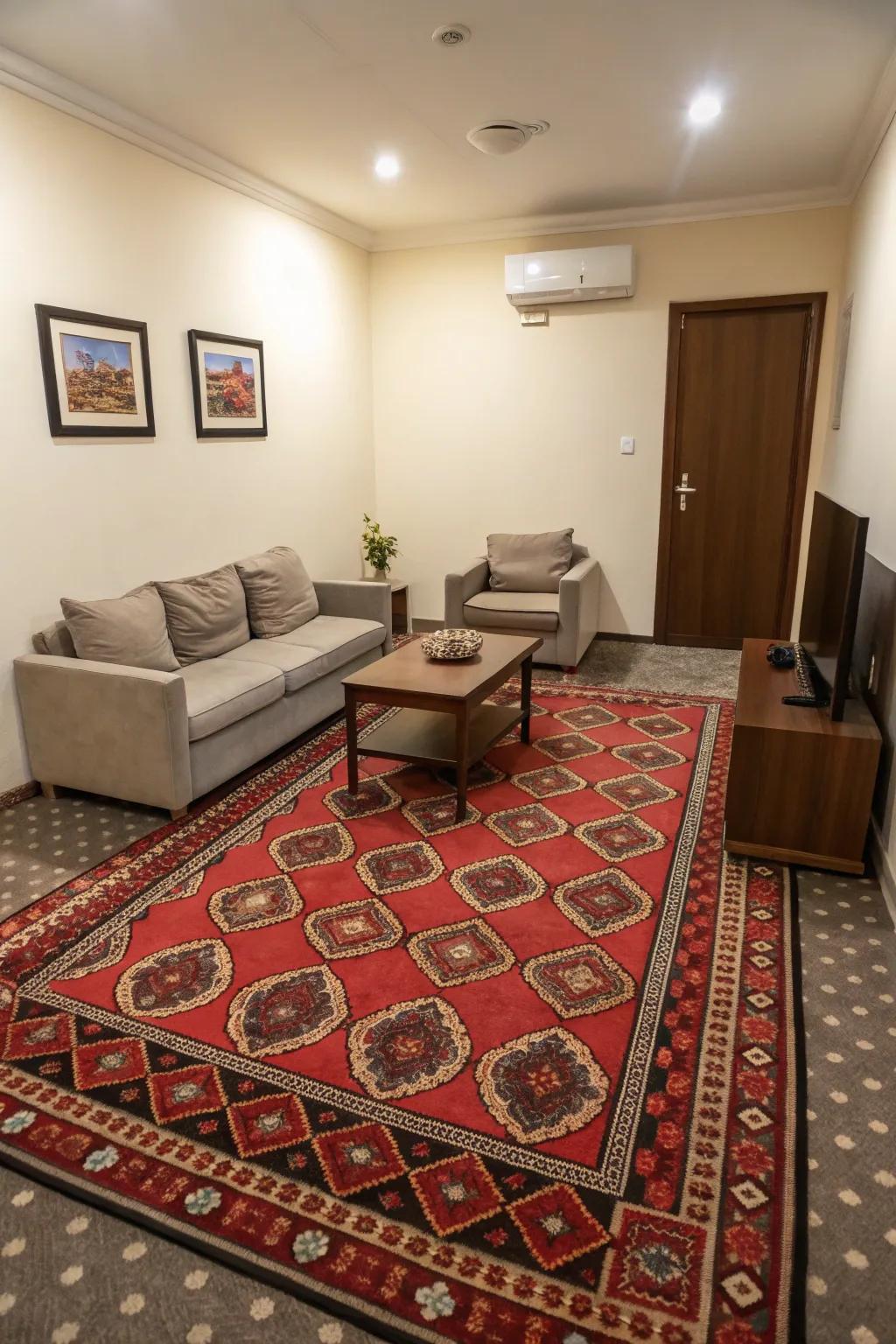 A bold carpet can make a big impact in compact spaces.