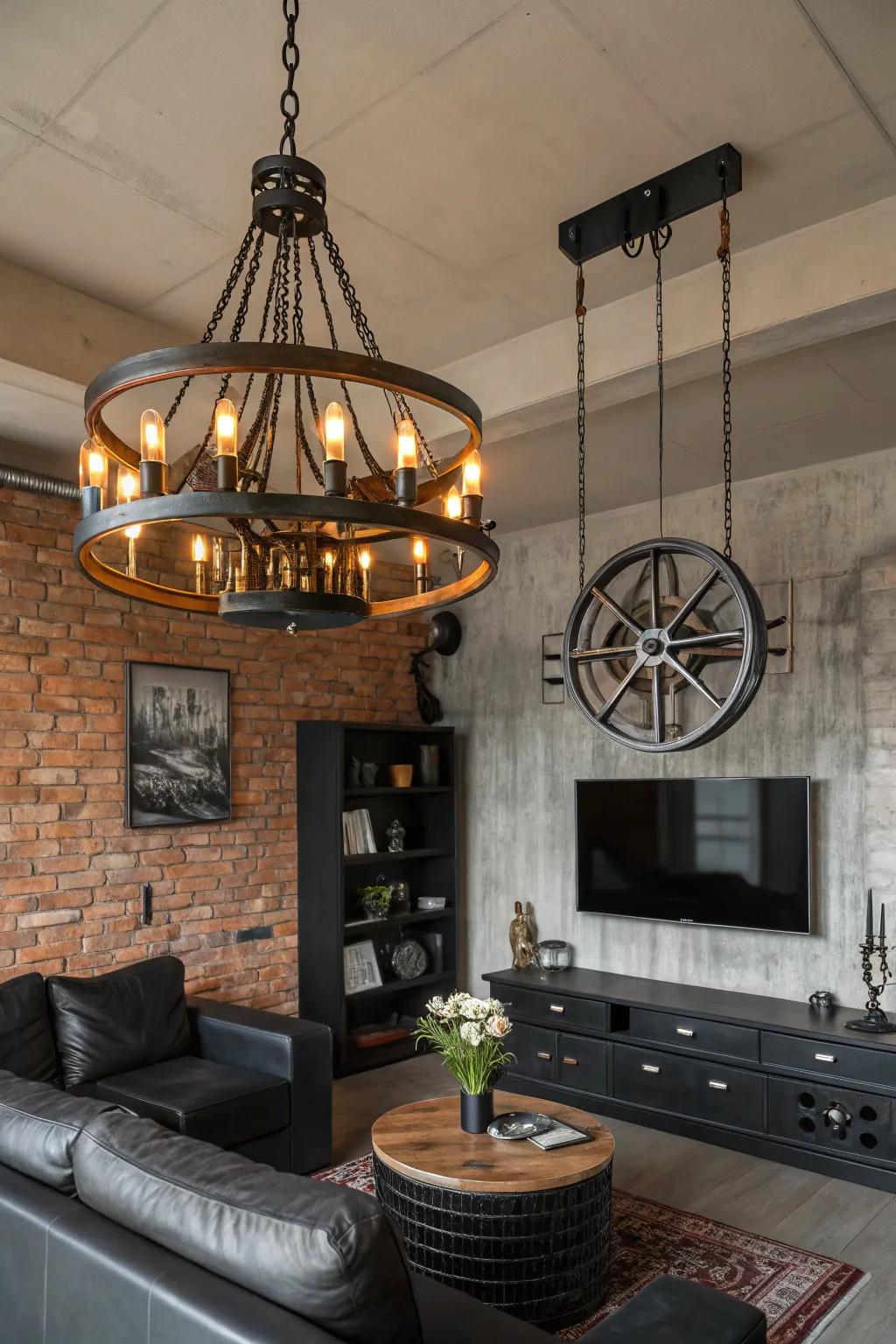 A living room featuring a factory-style overhead light with metal details.