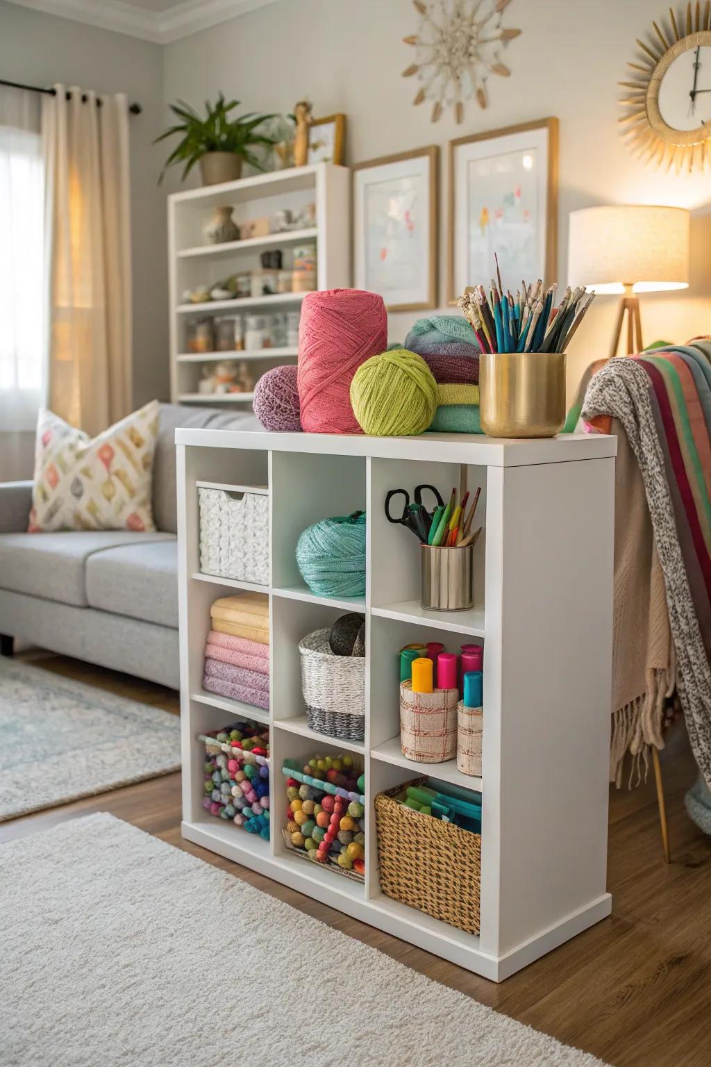 A creative workshop organizer employing modular shelving for structured creativity.