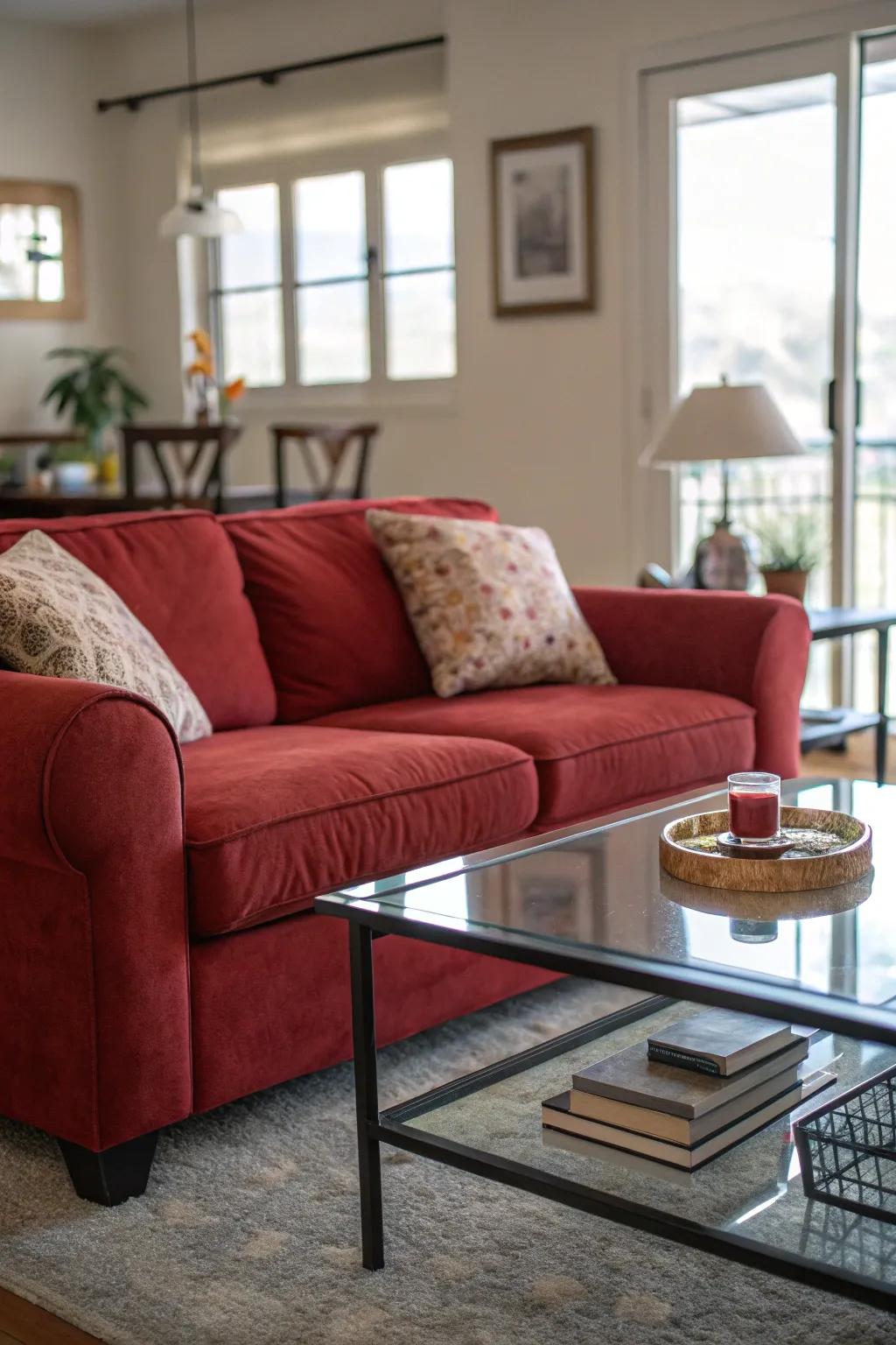 The right coffee table complements your red sofa, enhancing the room's overall style.
