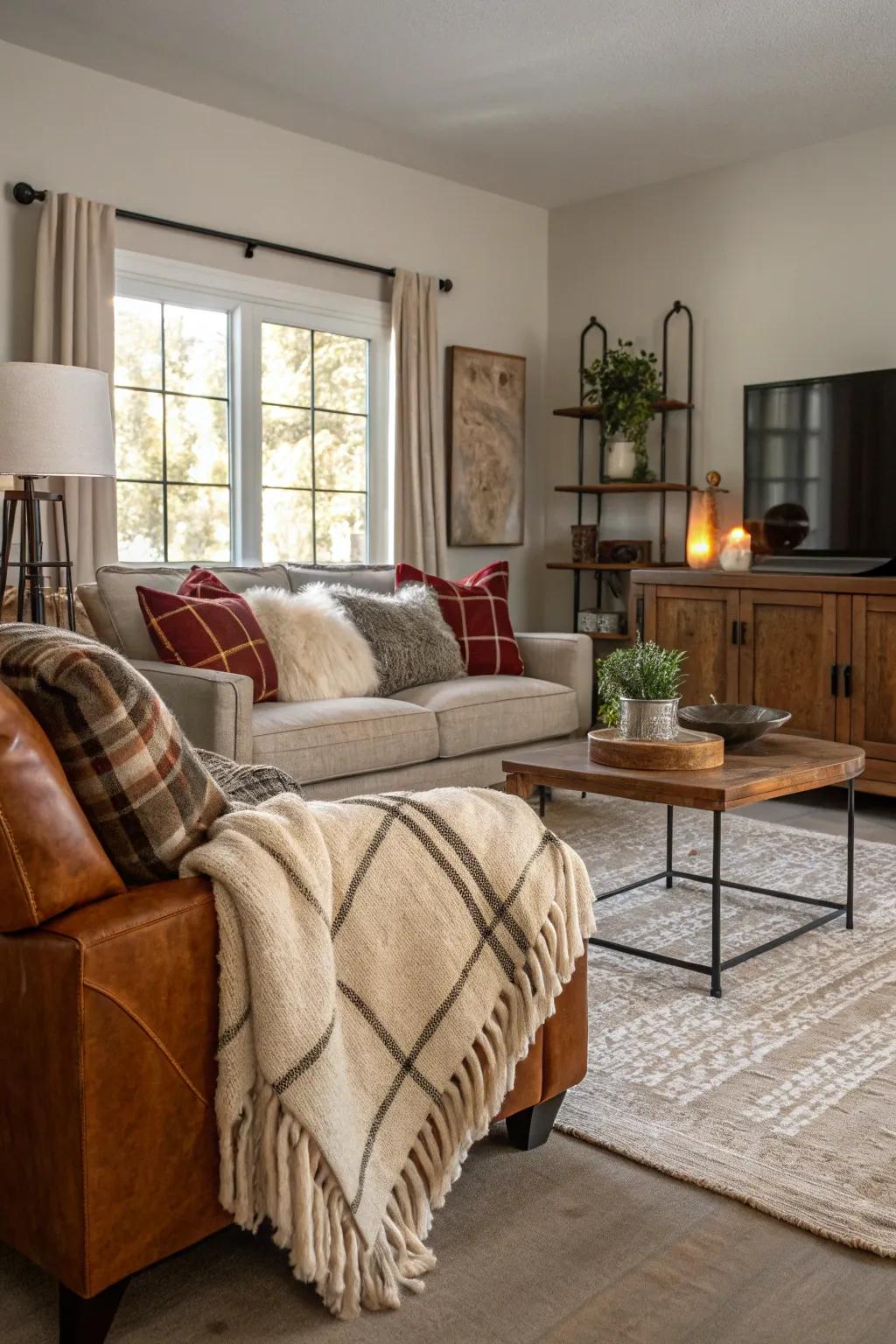A living room utilizing a mix of textures to enhance depth and intrigue.