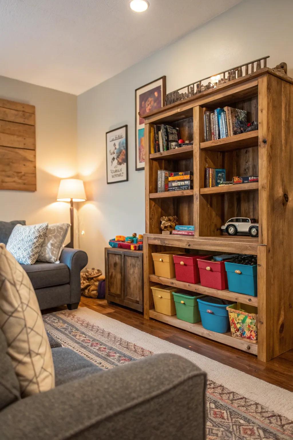 Repurposed furniture offers unique and functional toy storage.