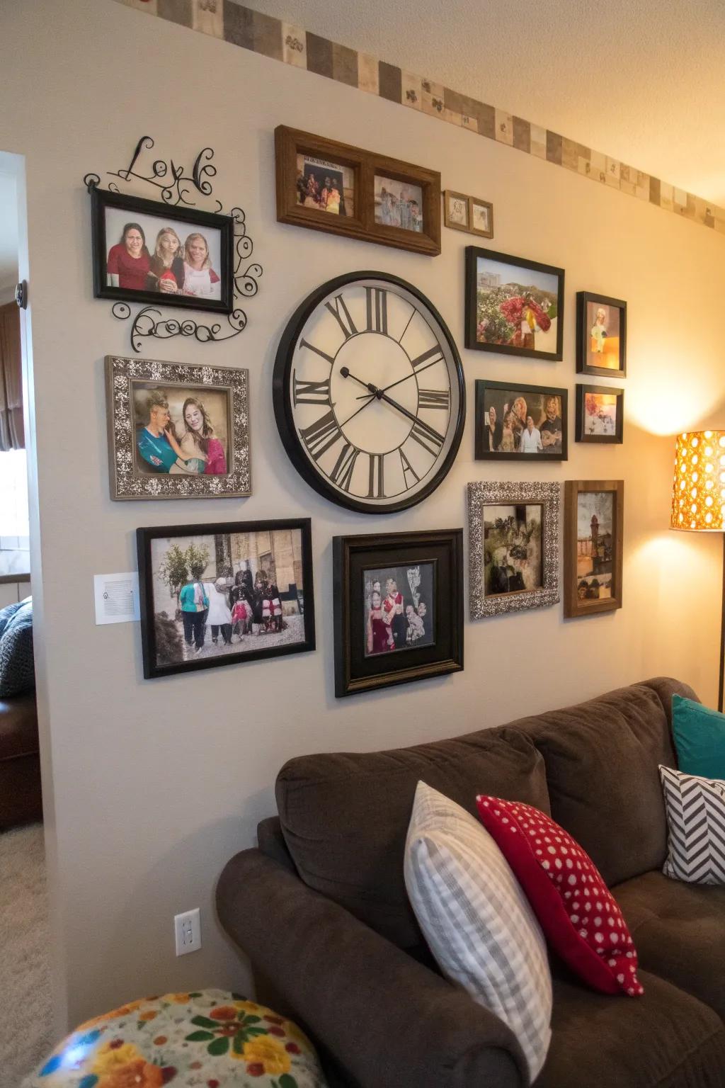 Personalized elements around a wall clock generate an emotional focal point.