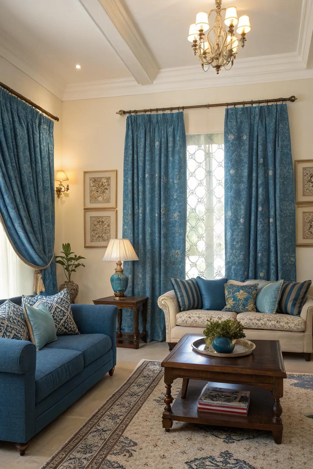 Sky-tinted accessories like cushions and throws coordinate with sky-tinted drapes, fashioning a cohesive and polished aesthetic.