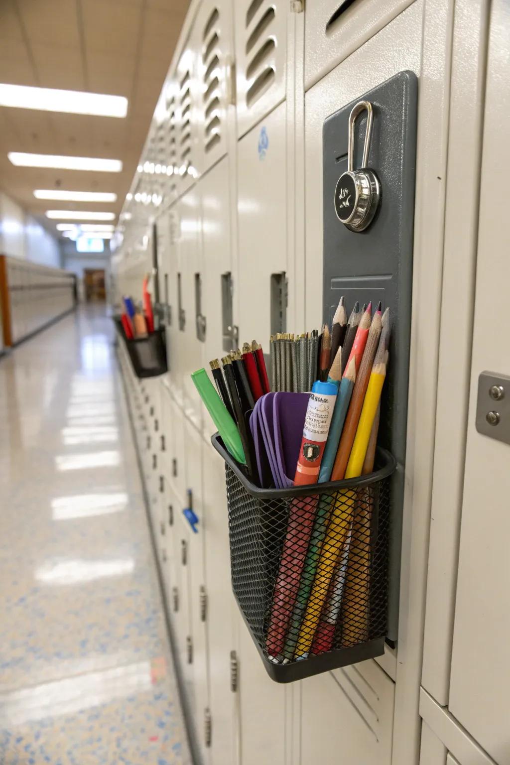 A locker featuring a stick-on writing tool case for easy access to pens and pencils.