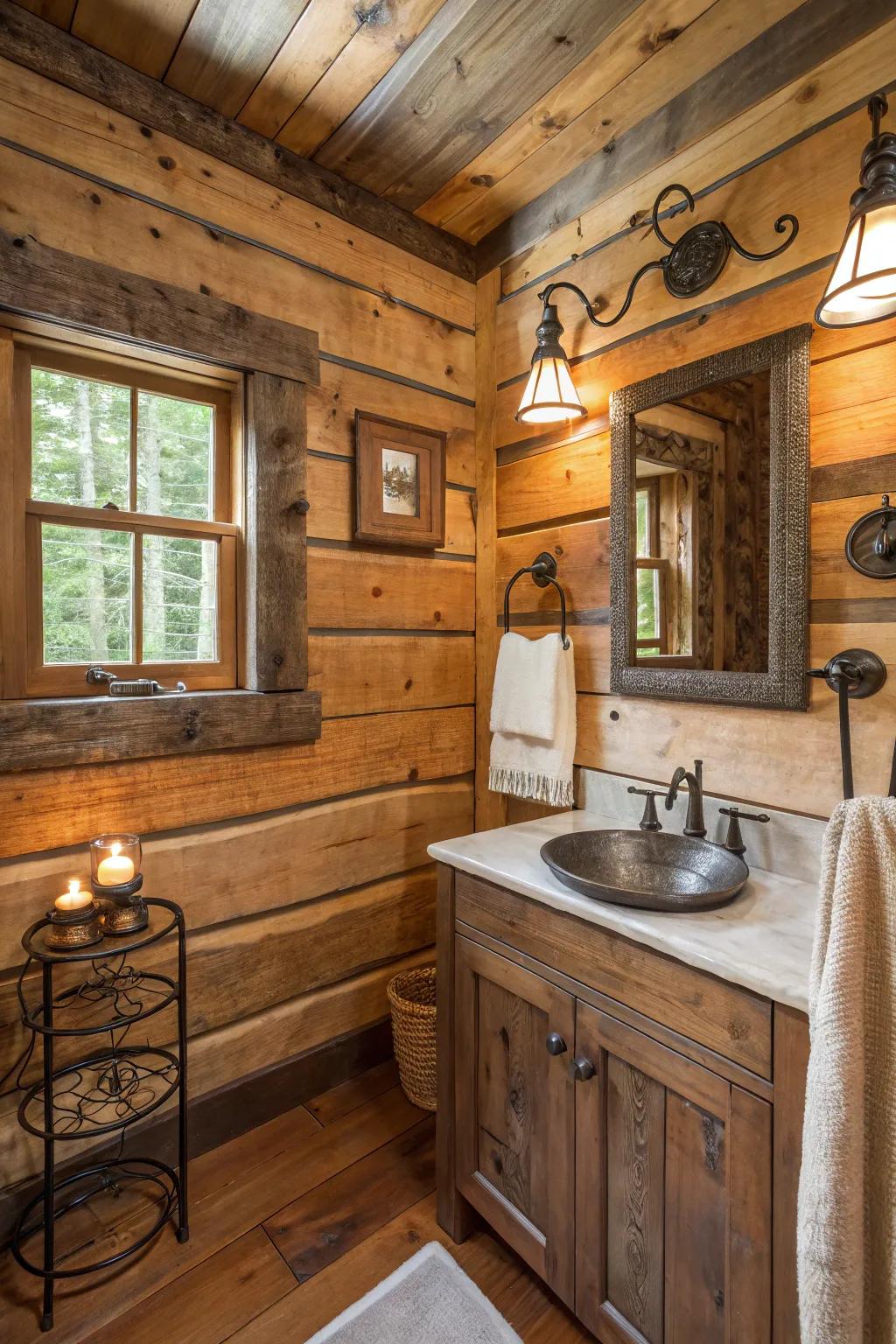 A log cabin bathroom using reclaimed timber and metal items.