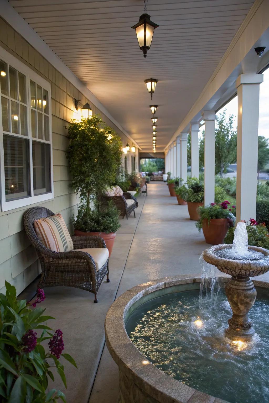 A water feature adds a soothing element to a porch.
