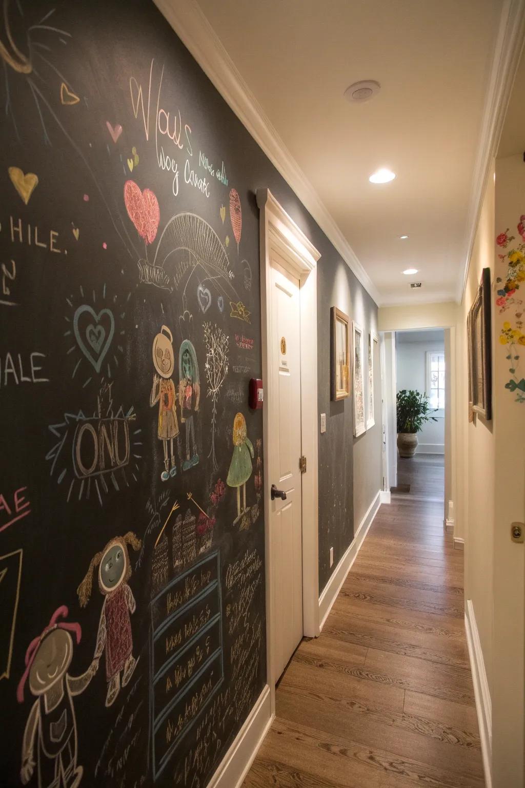A chalkboard wall adds a fun and functional touch.