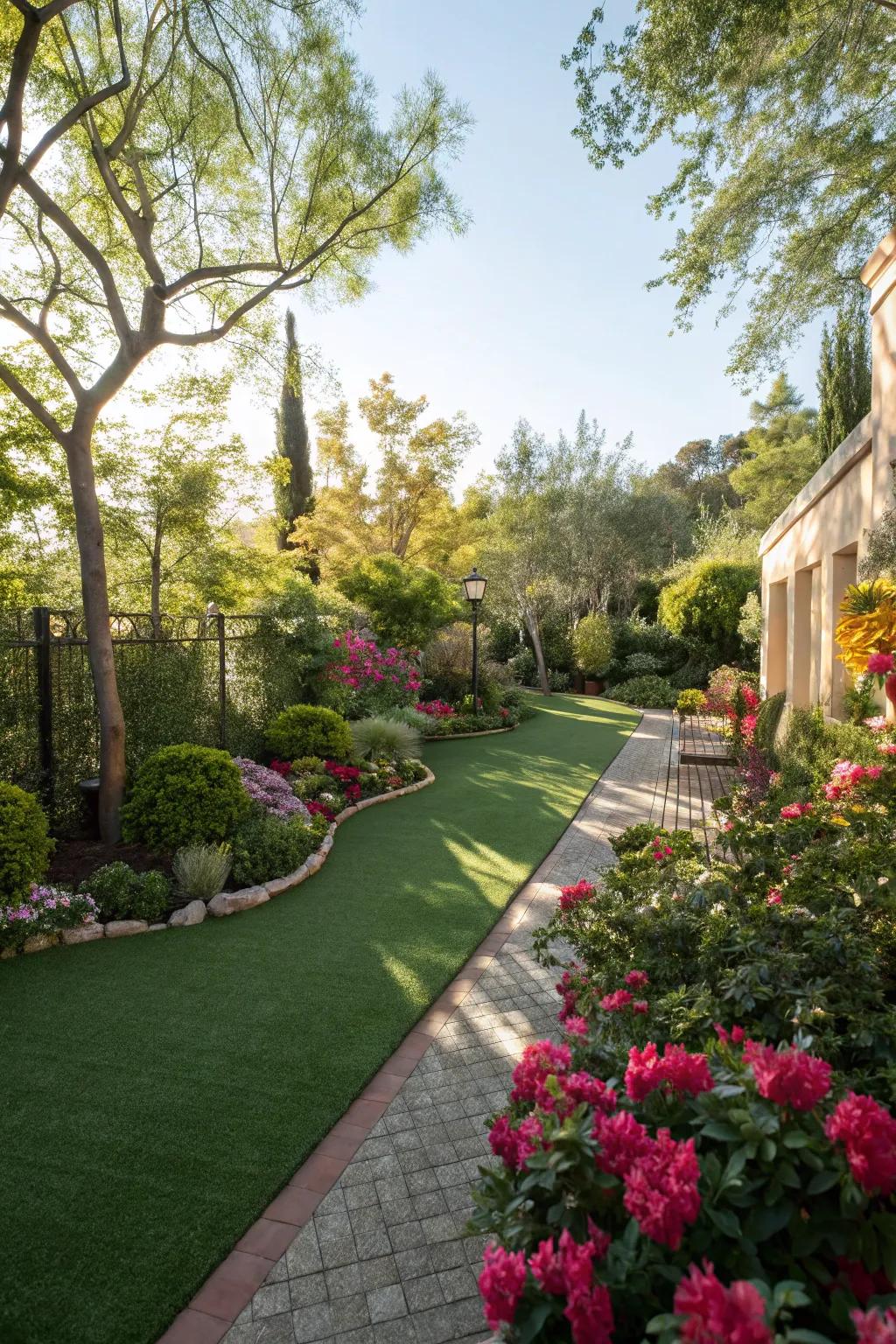 Fake grass that provides a lush, maintenance-free lawn.