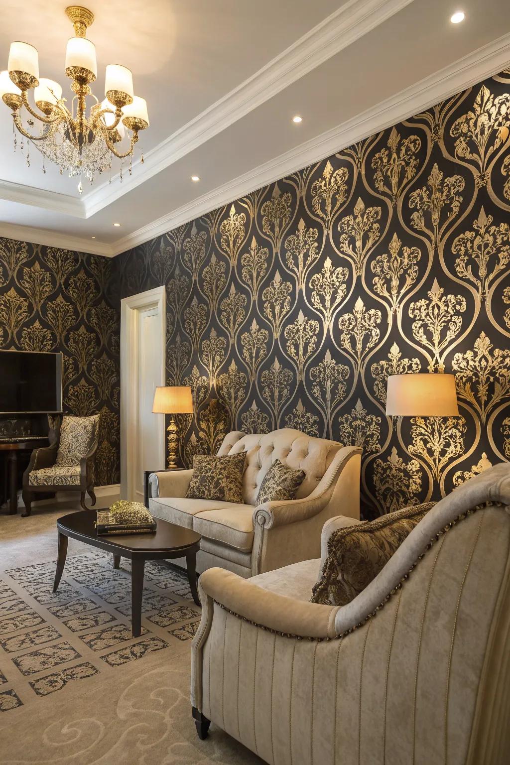 Elaborate onyx and glimmer wallpaper introducing sophistication.