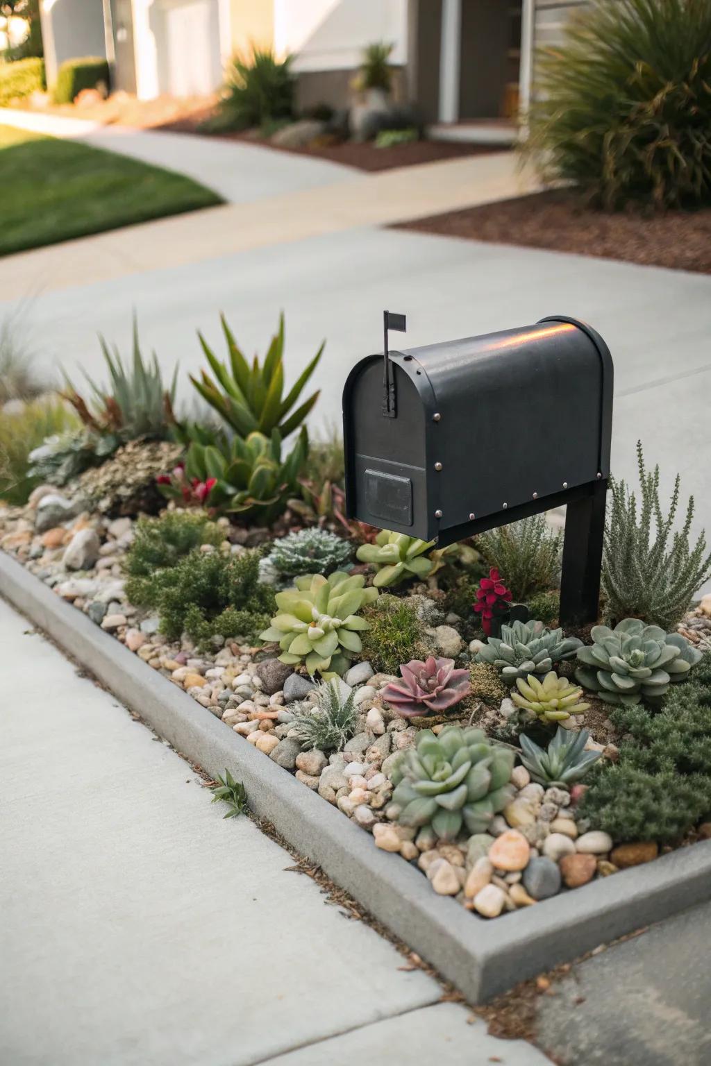 Succulents offer a contemporary, easy-care option for mailbox landscaping.