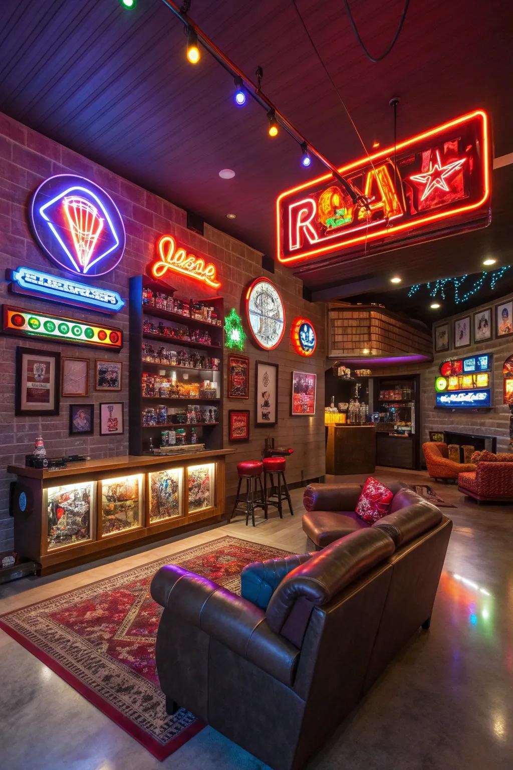 Neon signs provide a lively, playful touch.