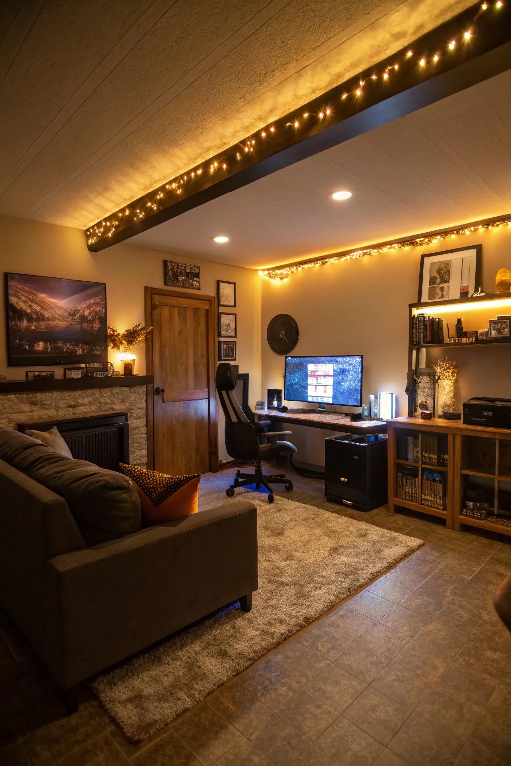 Shifting illumination adds dimension and flexibility to this man cave.