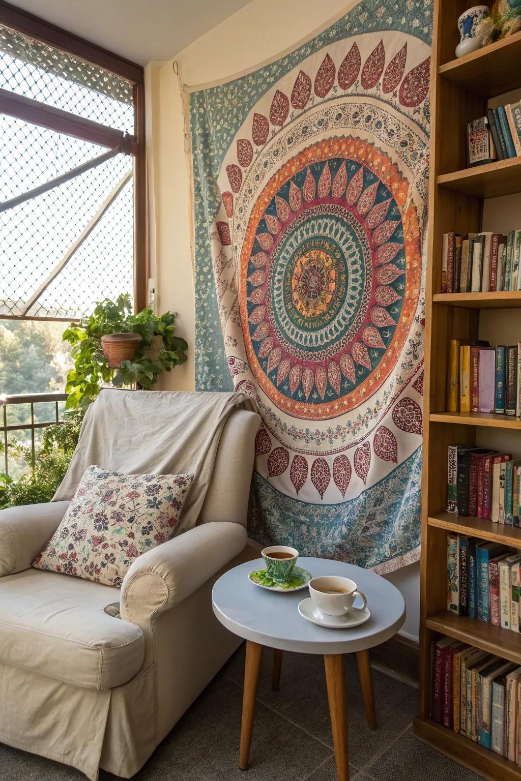 A mandala weave creating a cozy atmosphere in a reading nook.