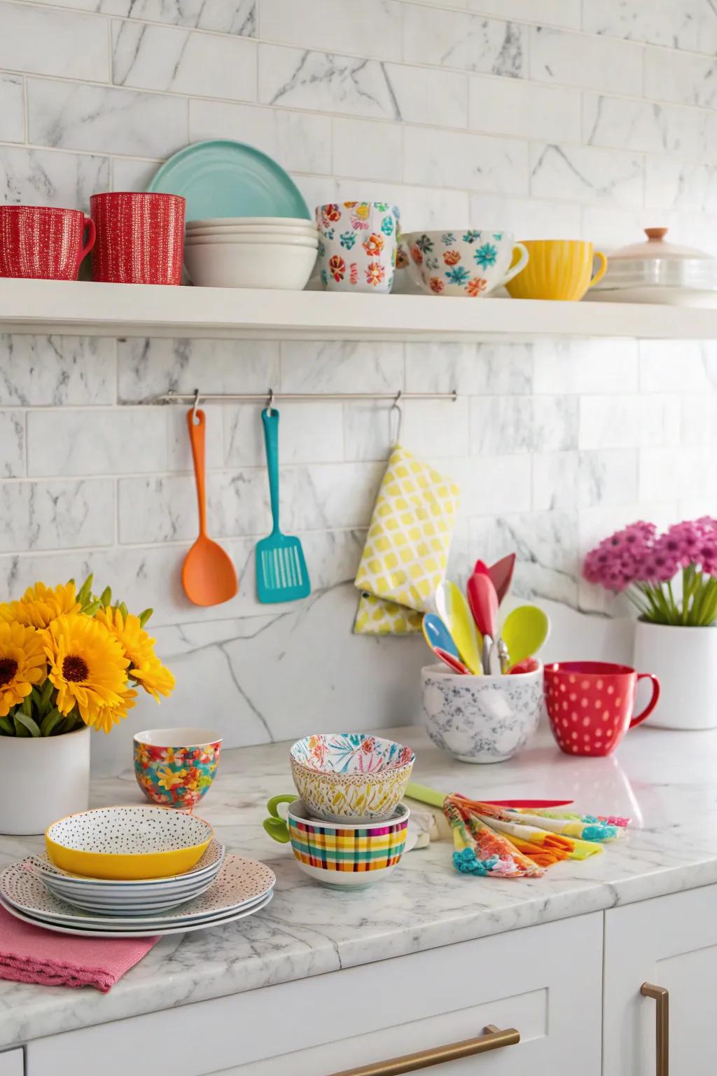A vibrant kitchen with a neutral stone backsplash and colorful accents.