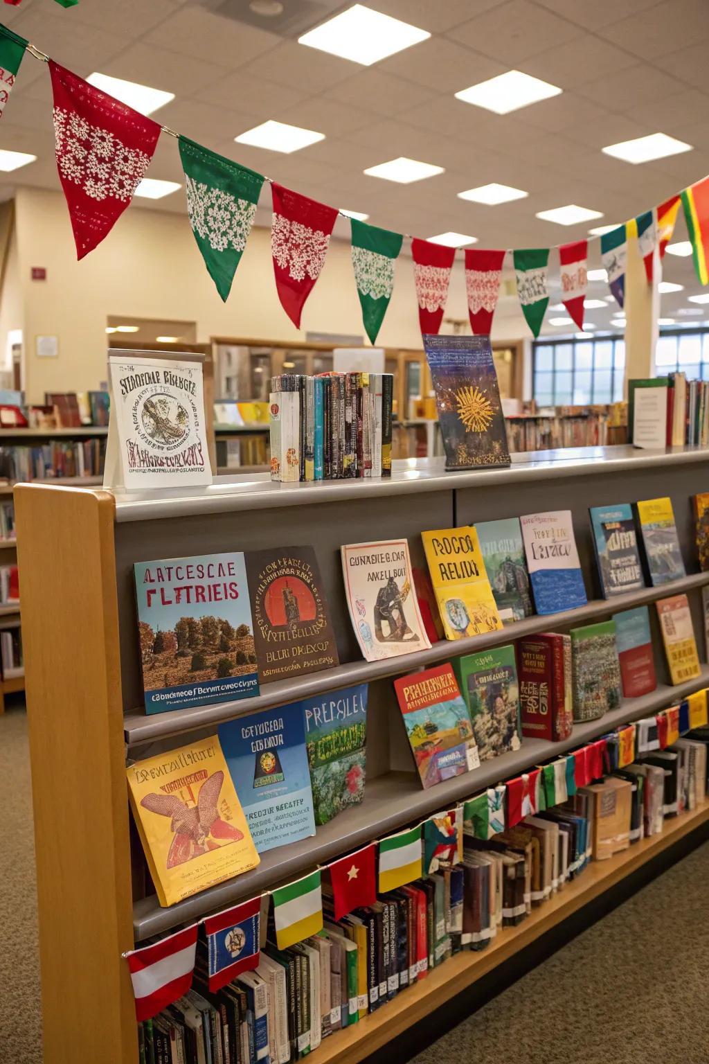 A display celebrating diversity with books from various cultures.