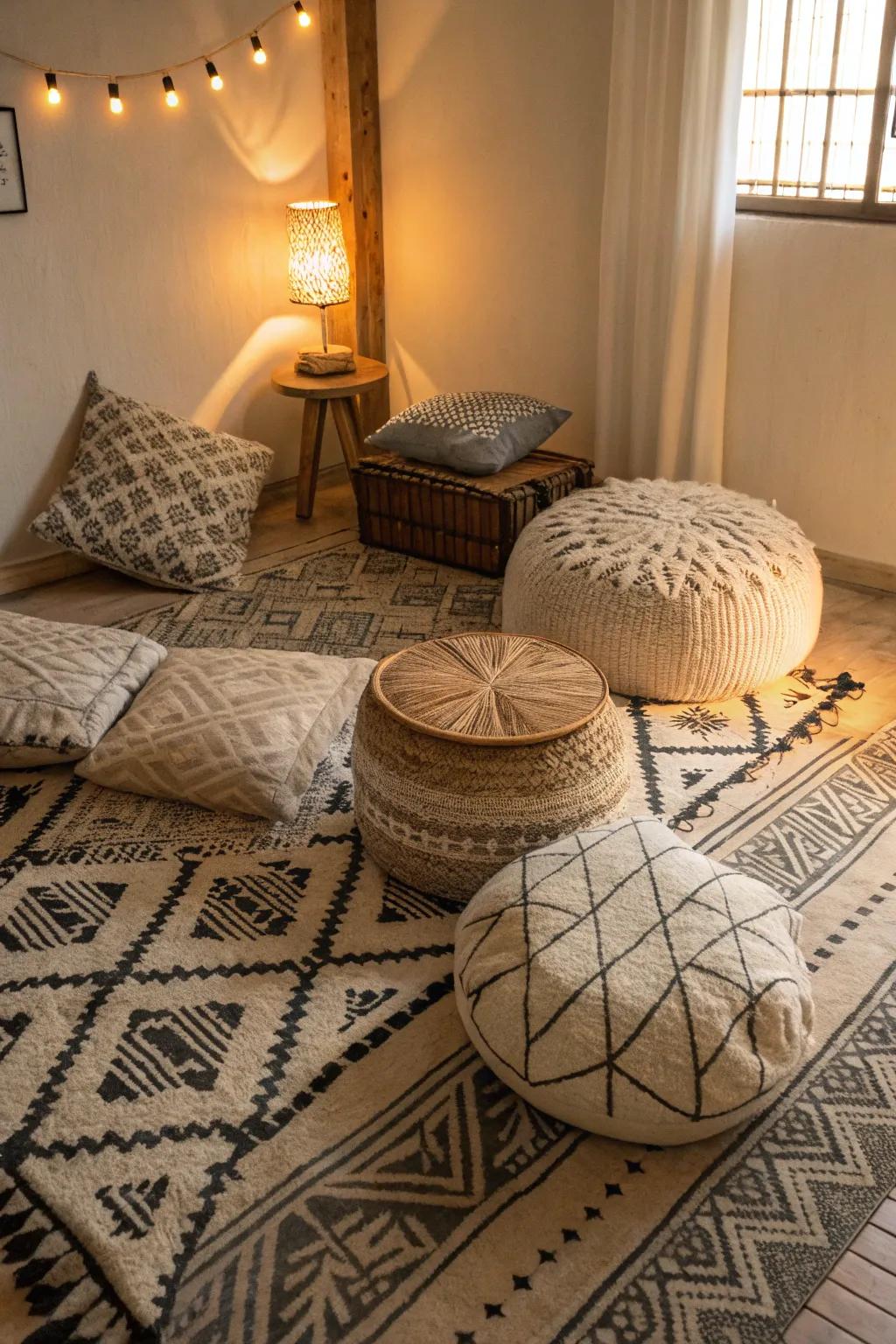Geometric motifs append dynamic visual intrigue to the den.