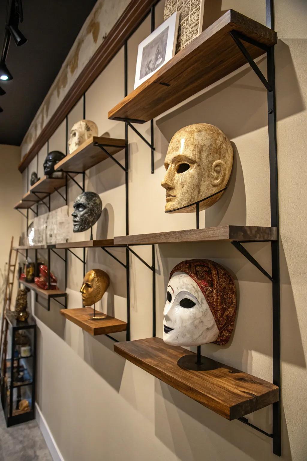 Floating shelves provide a versatile platform for mask displays.