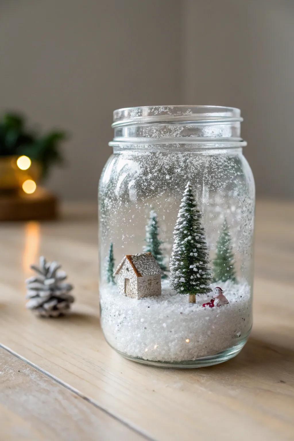 Capture the magic of winter with this enchanting snow globe jar. A perfect blend of simplicity and sparkle.