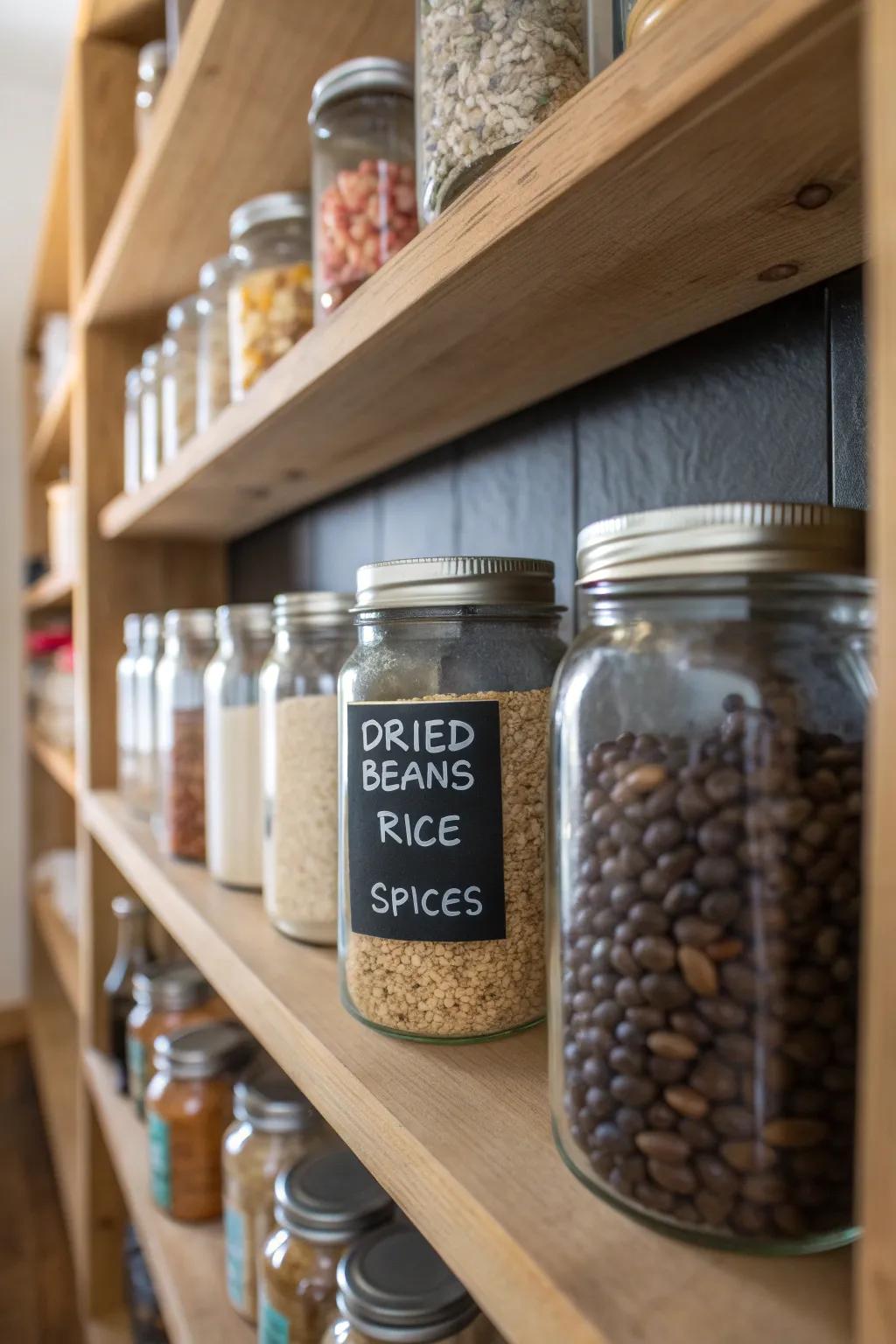 Use blackboard tags on glass preserving jars to customize and organize.